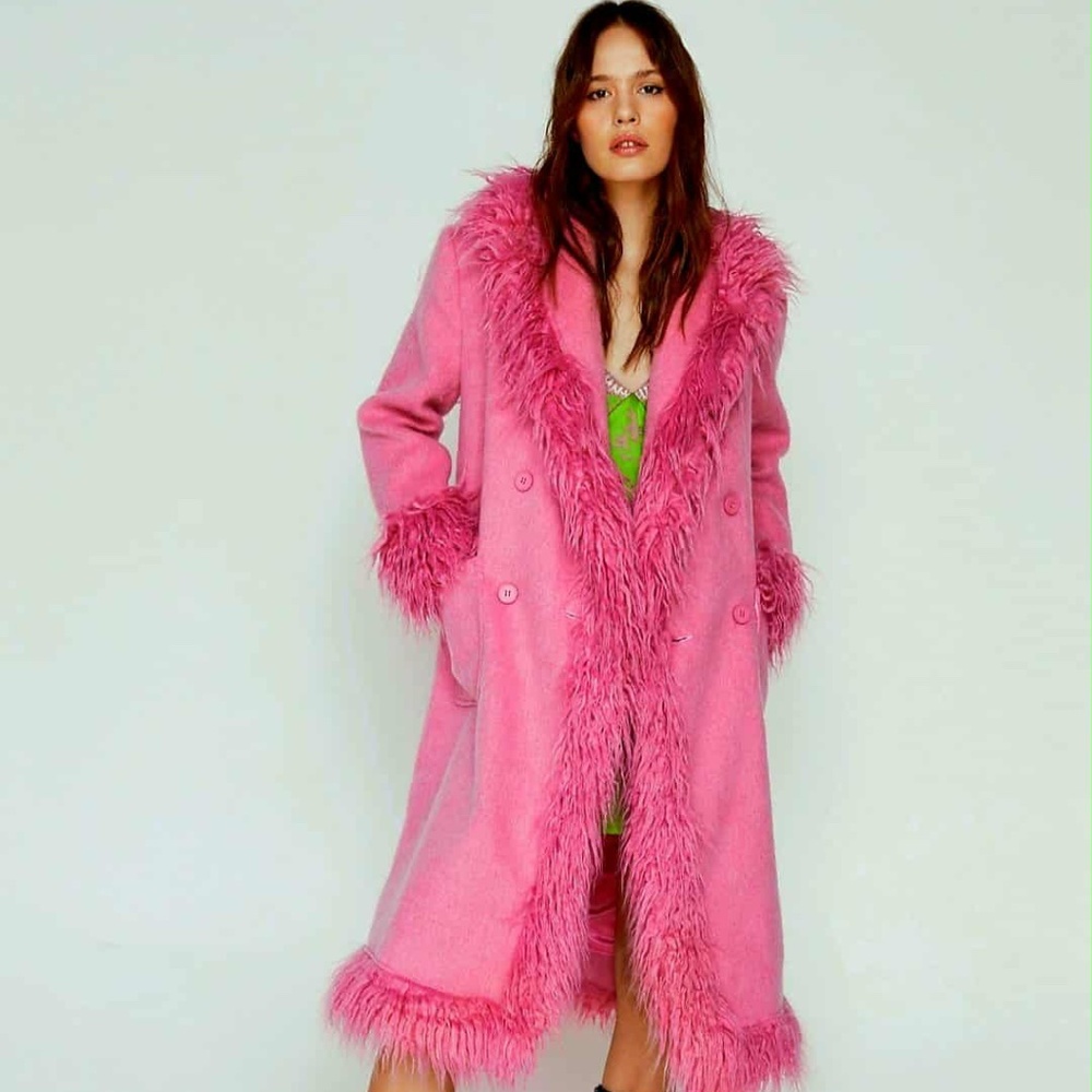 Pink Penny Lane Coat from Nasty Gal! Faux Shearling Fur Trim Wool. NWT 0 Petite